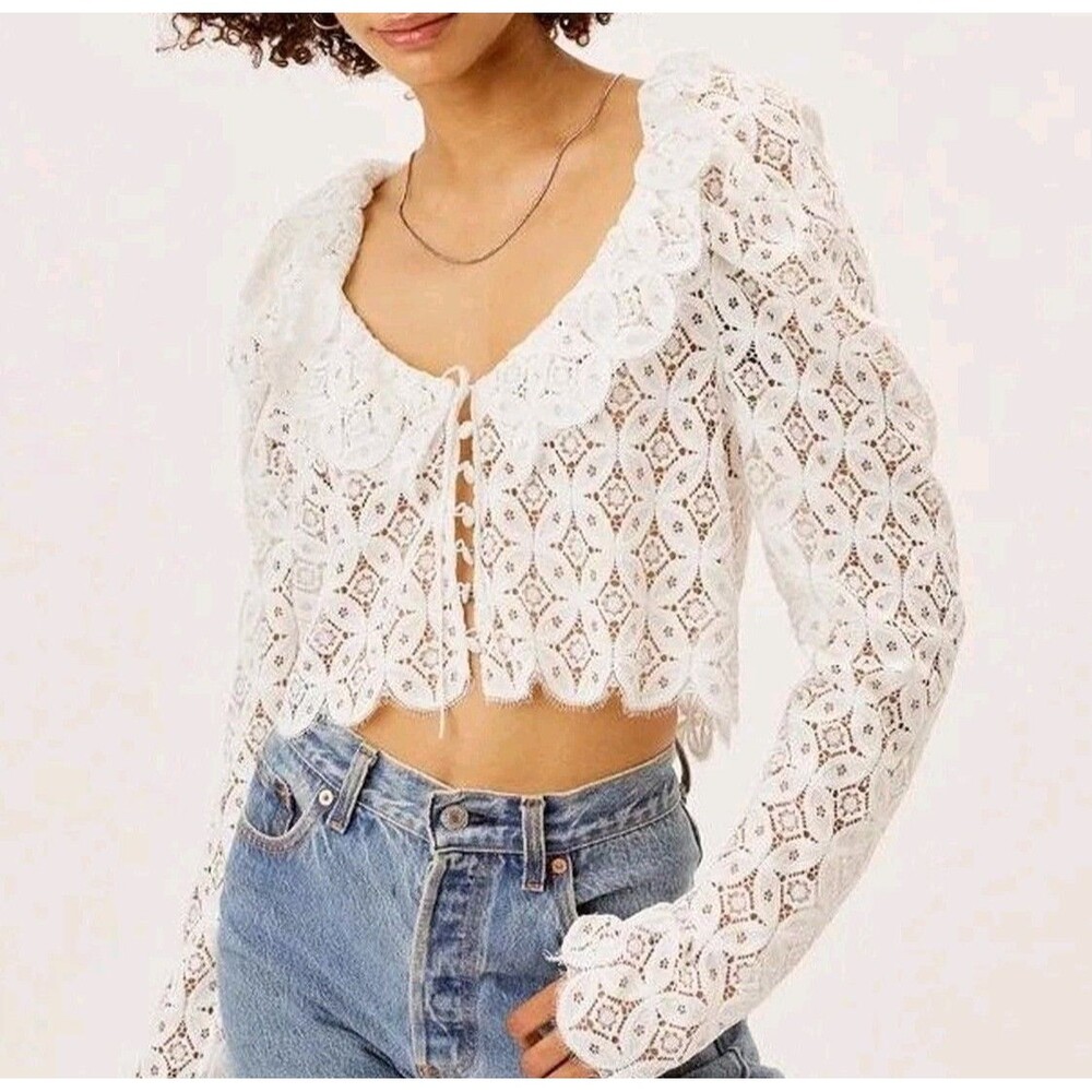 For Love & Lemons Coquette Lace Crop Top Sz L White Puff Long Sleeve Boho Bridal